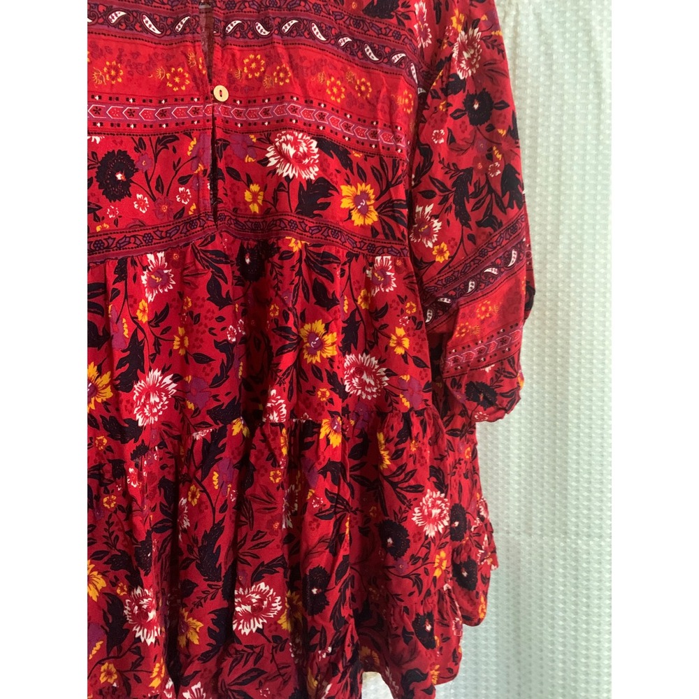 Easel Red Floral Paisley Babydoll Tunic Top Frayed Neck 3/4 Sleeve Womens Medium - Picture 10 of 10
